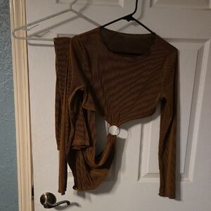 SHEIN Tan Ribbed Pantsuit with Ring Detail